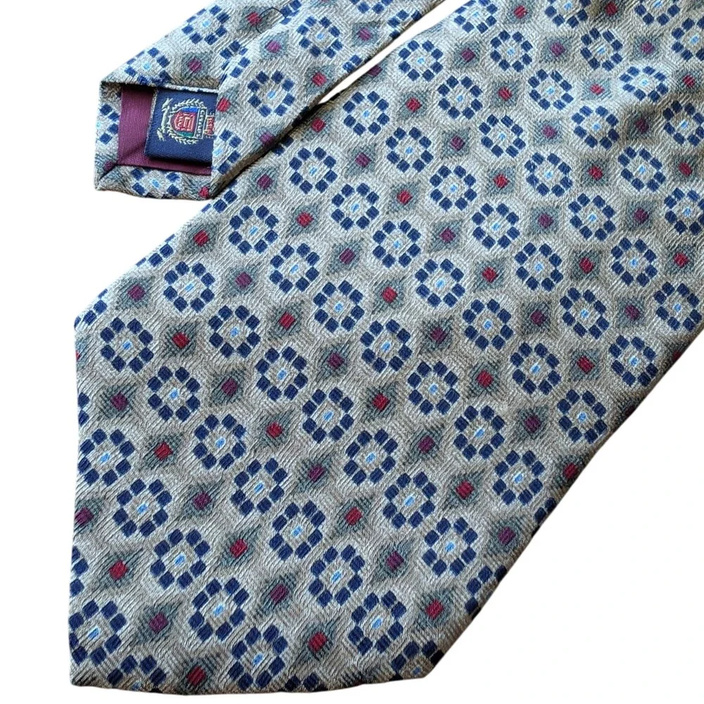 VTG Chaps‎ Ralph Lauren Men's Silk Necktie Geometric Pattern Tan Blue Red